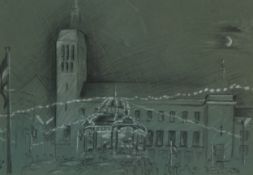 French plaza, 20th century chalk on paper, bearing a monogram and inscribed verso, mounted, framed
