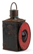 Railway interest red bullseye buffer stop lamp, 51cm high x 30cm wide.