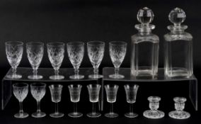 Vintage and later glassware including a set of six crystal sherry glasses and two decanters with