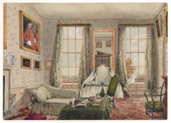 The Drawing Room, 19th century watercolour on paper, inscribed verso Drawn by Aunt Caroline for