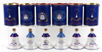 Six Bell's Royal interest whisky decanters including 8th August 1988 to commemorate The Birth of