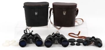 Three pairs of vintage binoculars comprising Prinz 8 x 30, Photopia 12 x 50 and Hilkinson 10x 50,