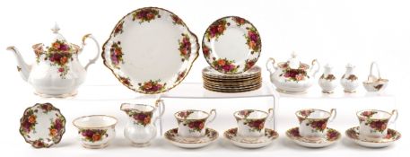 Royal Albert Old Country Roses teaware including teapot, cups, saucers and milk jug, the largest