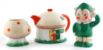 Mabel Lucie Attwell for Shelley, three piece tea service comprising toadstool house teapot,