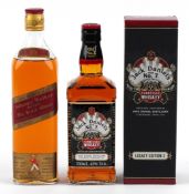 Two bottles of whisky comprising Johnnie Walker Red Label Old Scotch whisky and a Jack Daniels