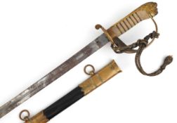 British military naval dress sword and scabbard having wire bound shagreen grip, brass lion head