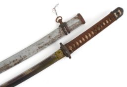 Japanese Samurai sword and scabbard having cloth bound shagreen grip, 103cm in length.