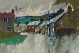 Village landscape, 20th century pastel on paper, signed, mounted, framed and glazed, 16cm x 23.5cm.