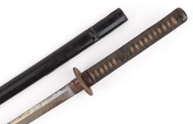 18th/19th century Japanese Samurai sword and scabbard having cloth bound shagreen grip, steel