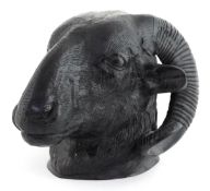 Black painted cast iron ram's head wall mask, 18cm high.