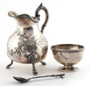 Mappin & Webb silver open table salt together with an 800 grade silver spoon with putti terminal,