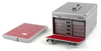 Lindner aluminium five drawer collector's carry case and a tray, cabinet 19cm H x 26cm W x 33cm D