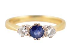 HALLMARKED 18CT GOLD SAPPHIRE & DIAMOND THREE STONE RING
