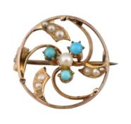 19TH CENTURY 9CT GOLD PEARL & TURQUOISE BROOCH PIN