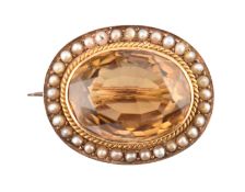 VICTORIAN 15CT GOLD HALLMARKED PEARL & CITRINE BROOCH