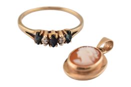 SAPPHIRE & DIAMOND THREE STONE RING & CAMEO PENDANT