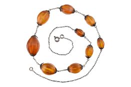 VINTAGE RUSSIAN SILVER & AMBER BEAD NECKLACE