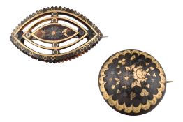 TWO 19TH CENTURY TORTOISESHELL PIQUE WORK BROOCH PINS