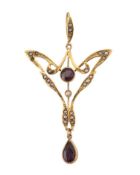 9CT GOLD AMETHYST & SEED PEARL ART NOUVEAU PENDANT
