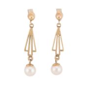 PAIR HALLMARKED 9CT GOLD & PEARL ART DECO STYLE PENDANT EARRINGS