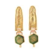 PAIR OF HALLMARKED 18CT GOLD & EMERALD PENDANT EARRINGS