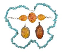 COLLECTION OF SILVER & AMBER TURQUOISE JEWELLERY