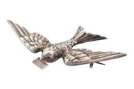 ANTIQUE WHITE METAL CARRIER PIGEON BROOCH PIN