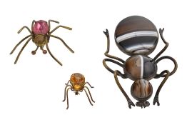 LARGE BANDED AGATE BUG & TWO SPIDER BROOCH PINS