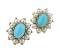 PAIR HALLMARKED 9CT GOLD TURQUOISE & PEARL CLUSTER EARRINGS