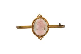 9CT GOLD & CARVED SHELL CAMEO BROOCH PIN.