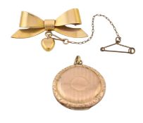 HALLMARKED 9CT GOLD BOW BROOCH & 9CT FRNT & BCK LOCKET