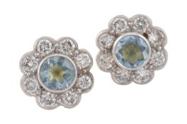 PAIR HALLMARKED 18CT GOLD AQUAMARINE & DIAMOND EARRINGS