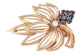 1960S HALLMARKED 9CT GOLD SAPPHIRE DIAMOND BROOCH PIN