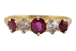 18CT GOLD RUBY & DIAMOND FIVE STONE RING