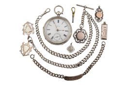 SILVER WALTHAM POCKET WATCH, CHAIN & JEWELLERY