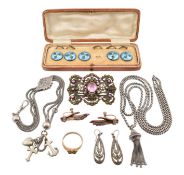 VICTORIAN SILVER WATCH CHAINS ENAMEL BUTTONS & EARRINGS