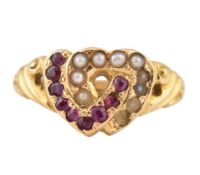 19TH CENTURY 15CT GOLD PEARL & RUBY RING