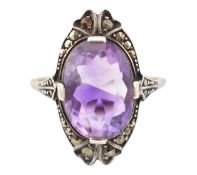 ART DECO 9CT GOLD , SILVER AMETHYST & MARCASITE RING