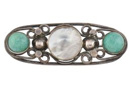 ART & CRAFTS SILVER MOTHER OF PEARL & AMAZONITE BROOCH PIN
