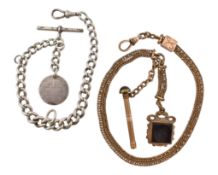 VICTORIAN YELLOW METAL ALBERT CHAIN WITH FOB & SILVER BRACELET