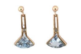 PAIR OF HALLMARKED 9CT GOLD & DIAMOND AQUAMARINE PENDANT EARRINGS