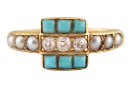 19TH CENTURY 18CT GOLD DIAMOND TURQUOISE & PEARL RING