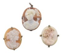 THREE ANTIQUE CARVED SHELL CAMEO BROOCH PINS