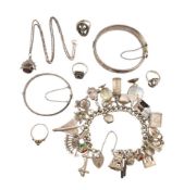 SILVER CHARM BRACELET, BANGLES, RINGS & NECKLACE PENDANT