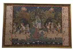 20TH CENTURY INDIAN PICHWAI PAINTING DEPICTING KRISHNA & RADHA WITH GOPIS