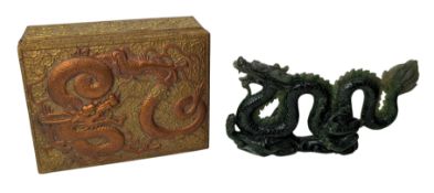 A CHINESE GREEN JADE CARVING IN FORM OF A DRAGON & A METAL JEWELLERY BOX