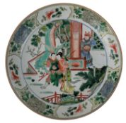 CHINESE FAMILLE VERTE FIGURINE PORCELAIN DISH 康熙款五彩人物故事盘