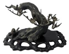 JAPANESE BRONZE ORNAMENT ON WOODEN PLINTH & A BRONZE BIRD 日本 铜樱花树和鸟雕塑