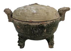 HAN DYNASTY POTTERY FOOD SERVING VESSEL 'DOU' WITH LID 汉 绿彩陶双耳豆
