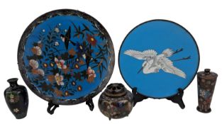 FIVE 20TH CENTURY JAPANESE CLOISONNE CENTREPIECES INCLUDING CHARGERS & KORO CENSER